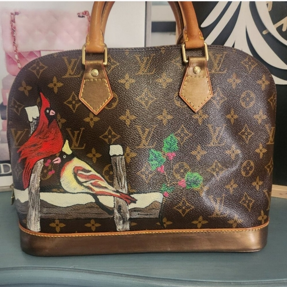 Hand Painted Louis Vuitton Brown Monogram Alma Handbag with Cardinal Artwork